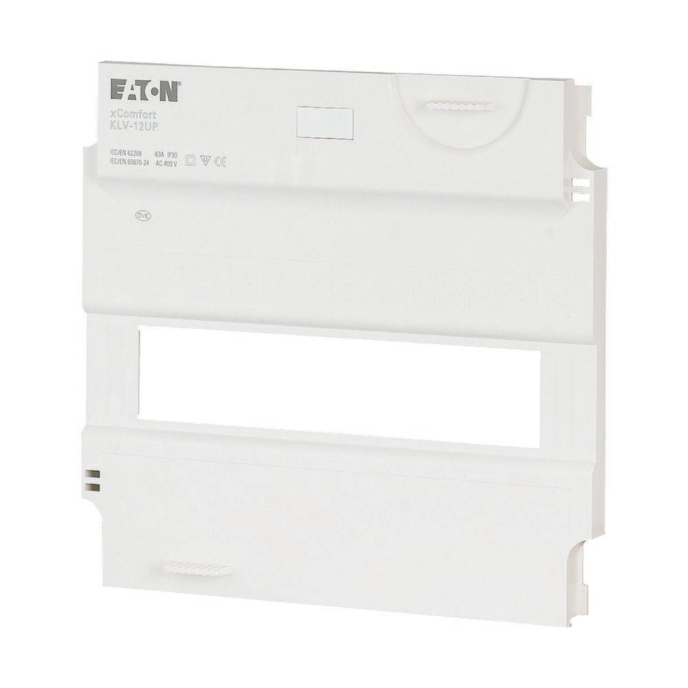 Eine weiße Eaton XControl XLV-1UIP Elektroverteilerschrank-Abdeckung mit einem rechteckigen Ausschnitt und Markentext oben links.