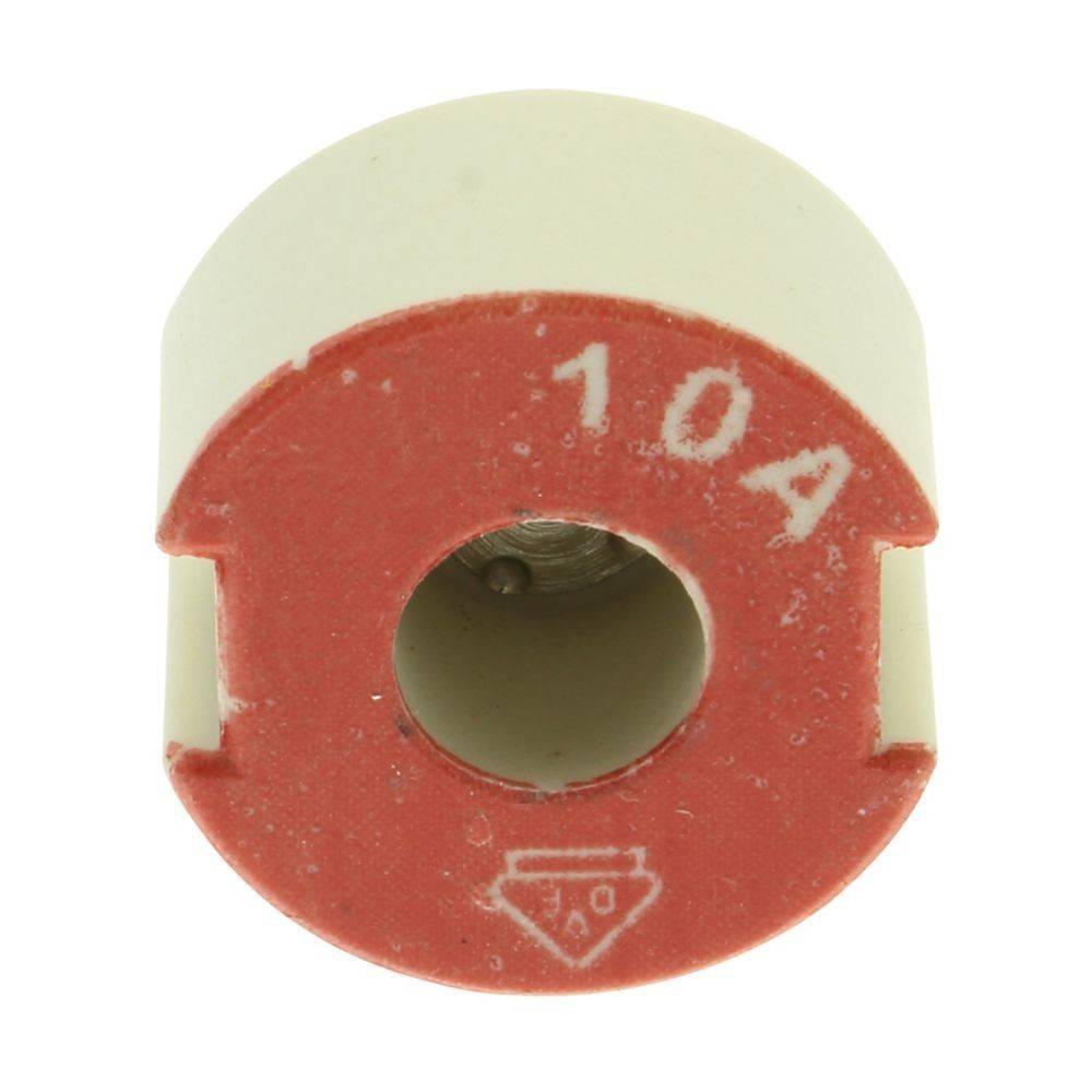 Eine rote und weiße zylindrische Sicherung mit der Markierung '10A', wahrscheinlich für elektrische Geräte, die eine Kapazität von 10 Ampere anzeigt.