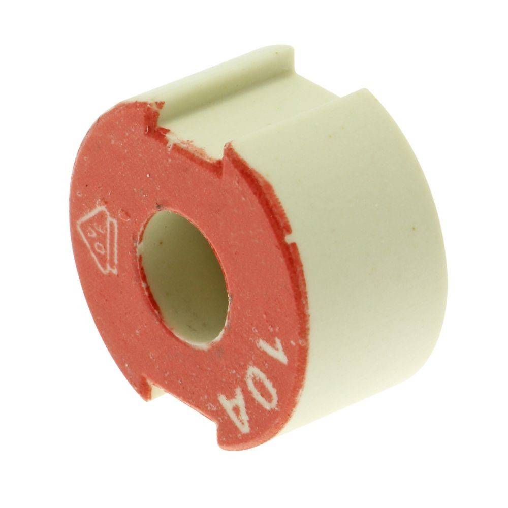 Eine zylindrische, cremefarbene Sicherung mit einem roten Ring, auf dem '10A' beschriftet ist, was eine Strombelastbarkeit von 10 Ampere für elektrische Anwendungen anzeigt.