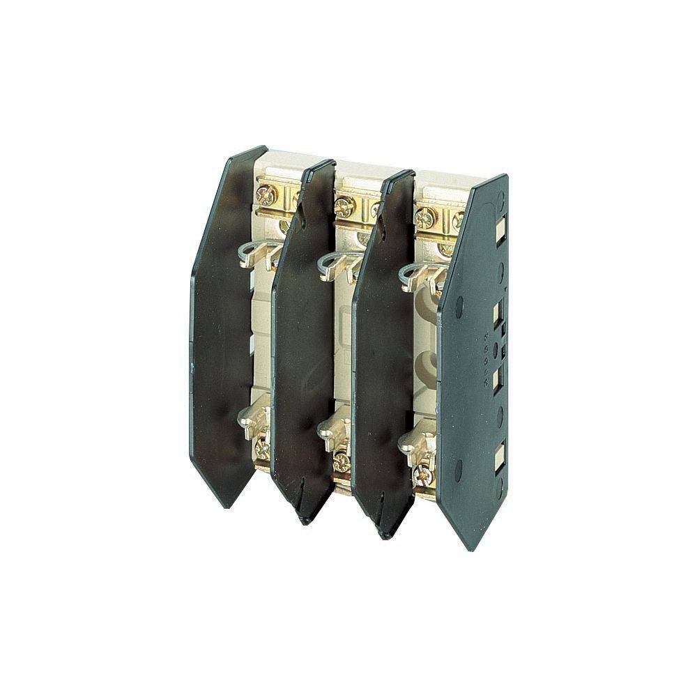 Drei schwarze und beige Elektrokontaktblöcke, die nebeneinander ausgerichtet sind und zum Anschluss und zur Steuerung elektrischer Schaltkreise verwendet werden.