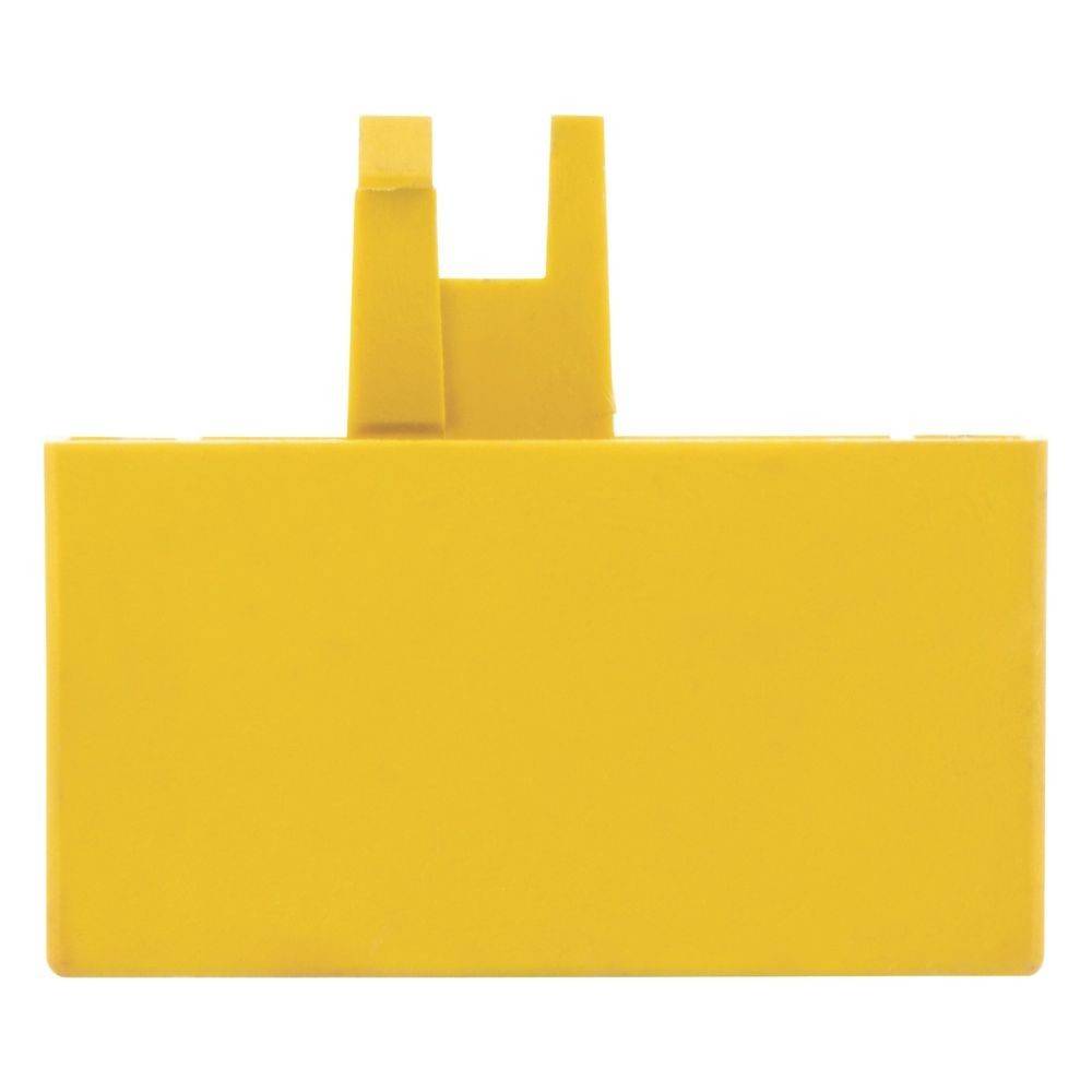 Ein gelber LEGO-Stein mit einer glatten, rechteckigen Oberfläche und einem erhöhten Bereich oben ist vor einem weißen Hintergrund zu sehen.