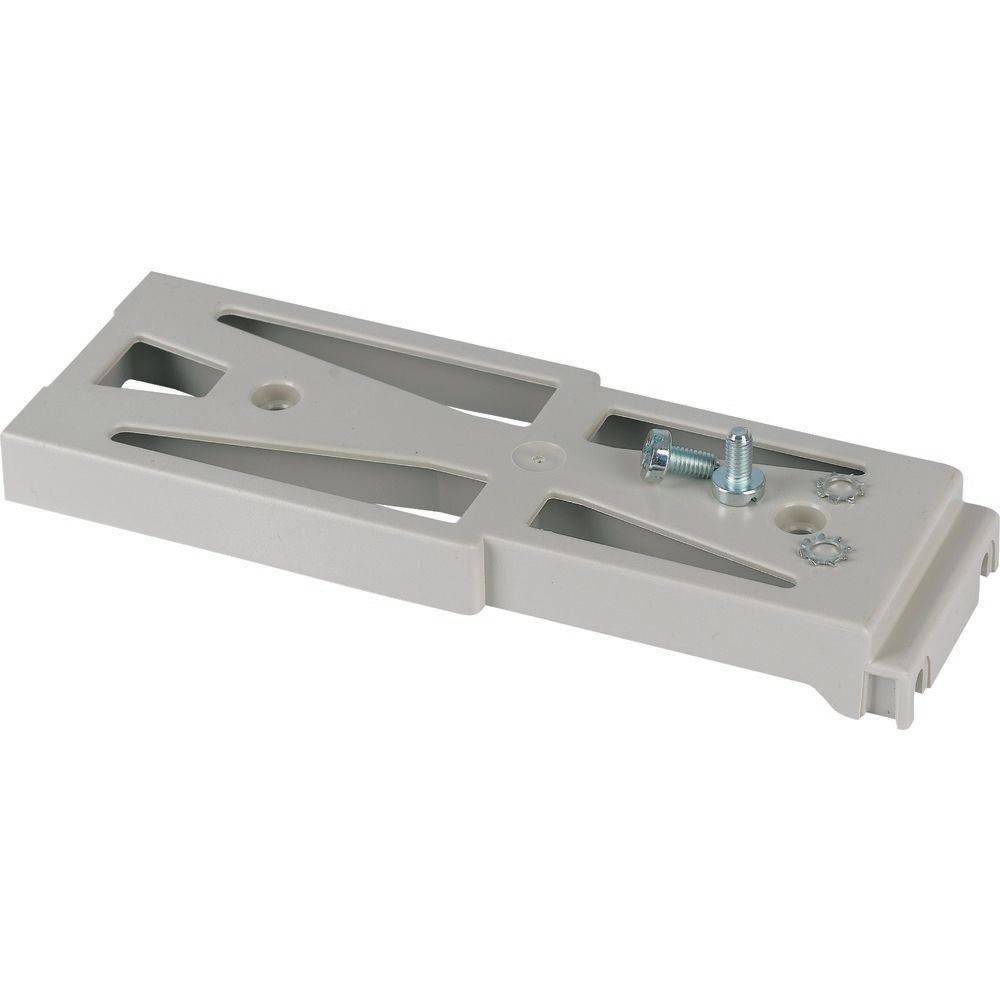Eine rechteckige, beige Plastikkomponente mit Schlitzzlöchern und zwei Metallschrauben, die zur Montage oder Befestigung verwendet wird.