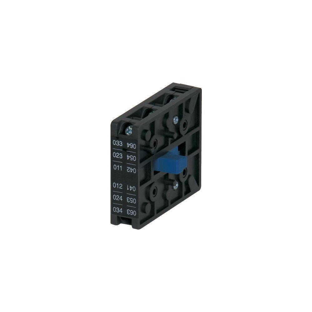 Ein schwarzes, rechteckiges mechanisches Gerät mit Rillen und einer blauen Komponente, das weiße Zahlen und Symbole entlang einer Kante aufweist.