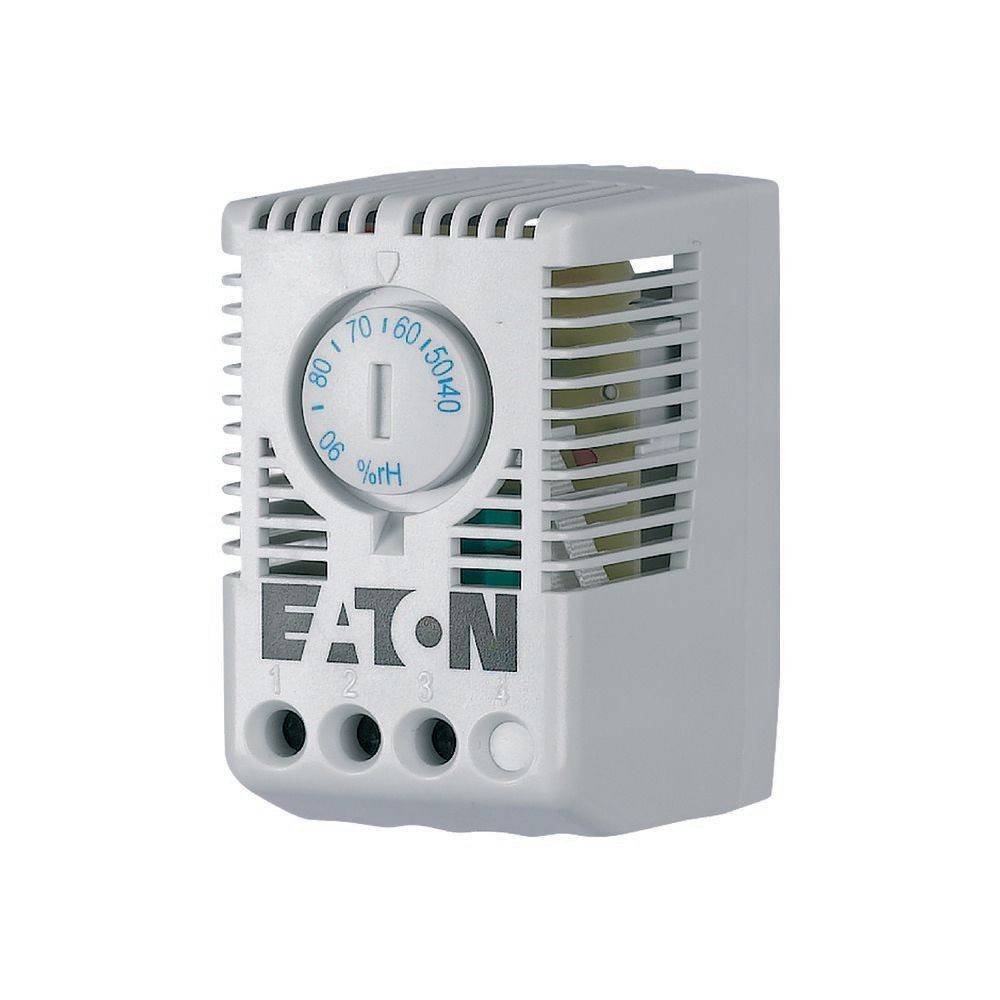 Ein weißes Thermostat mit einer Skala, die einen Temperaturbereich von 40 bis 80 Grad zeigt. Die Marke 'Eaton' ist auf der Vorderseite geschrieben.