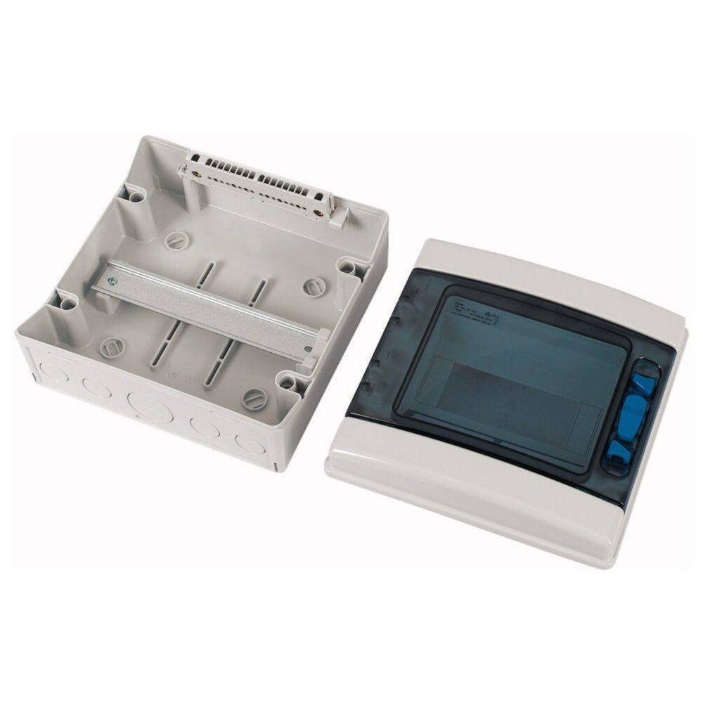 Elektrische Verteilerdose mit Deckel; Dose verfügt über mehrere Kabeleinführungsöffnungen und Befestigungslöcher, Deckel hat einen transparenten Bereich mit Steuerungstasten.