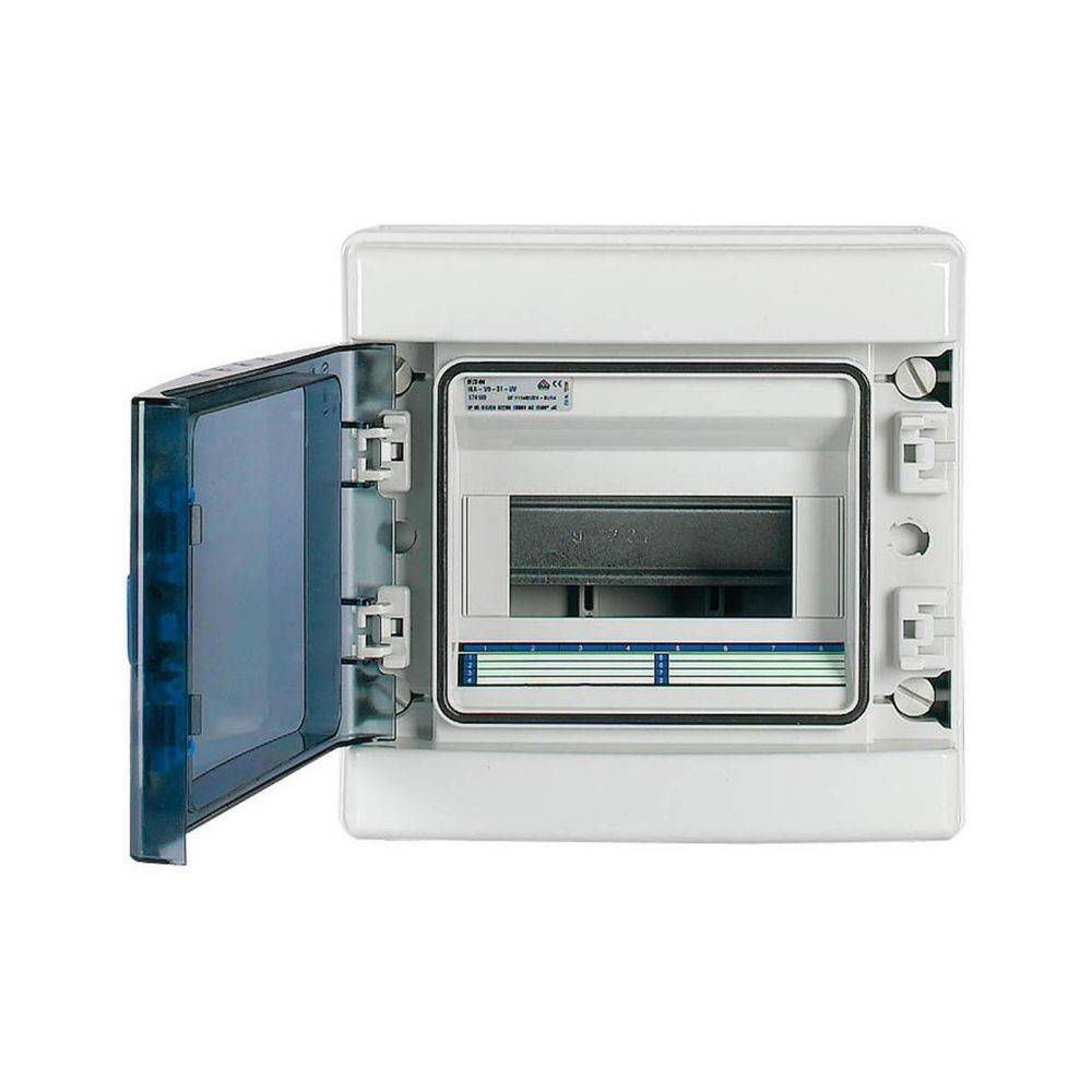 Weißer elektrischer Sicherungskasten mit offener transparenter Tür, die leere Schlitze für Sicherungen zeigt. Der Kasten ist an einer Wand montiert.