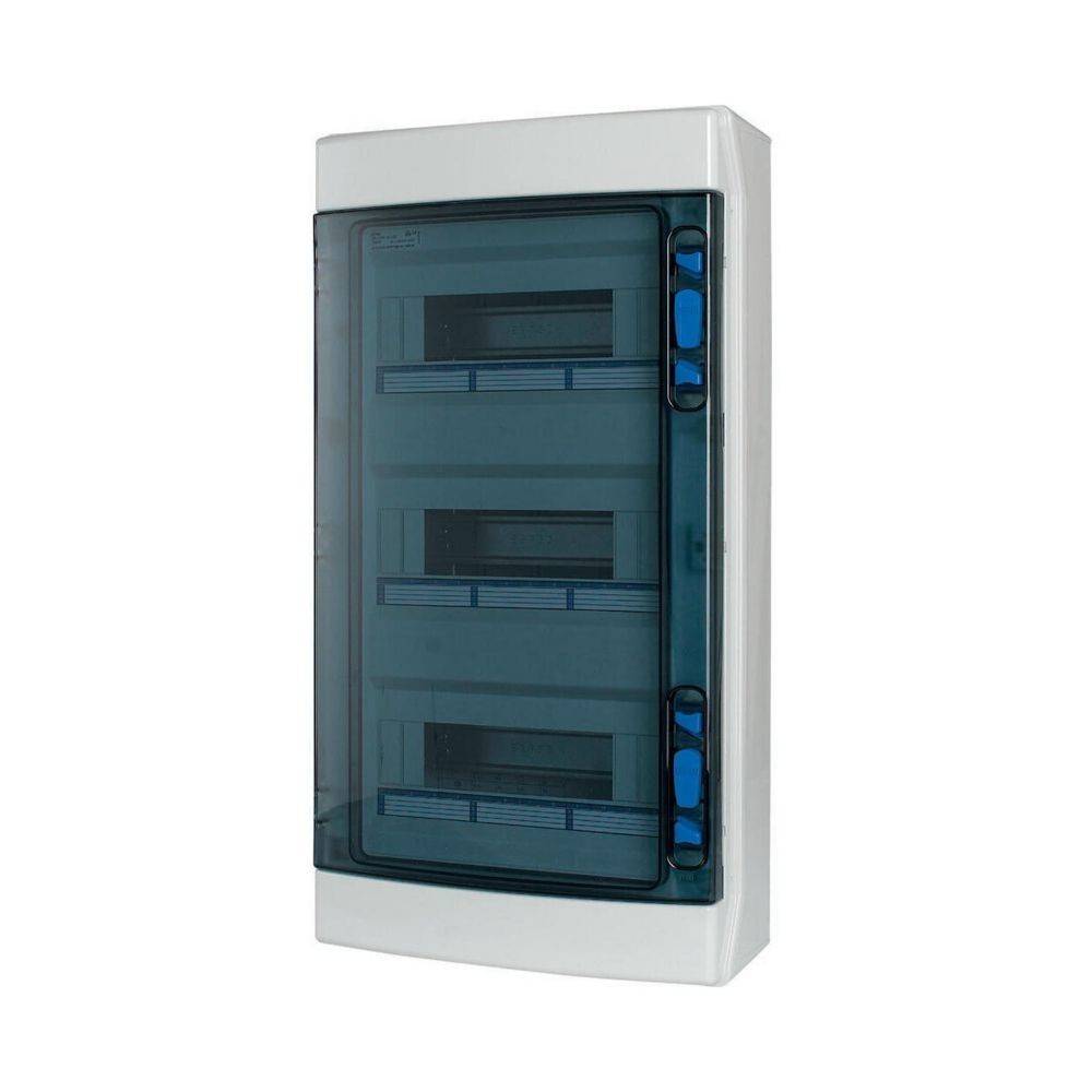 Elektrische Verteilerdose mit transparenter Abdeckung, in der mehrere Sicherungsautomaten untergebracht sind.