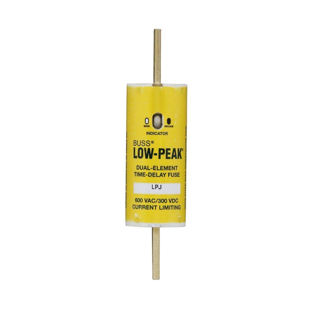 Ein zylindrischer Sicherungseinsatz mit der Beschriftung 'Buss Low-Peak Dual-Element Time-Delay Fuse LPJ', für 600 VAC/300 VDC, mit Strombereichsbegrenzungsfähigkeit.