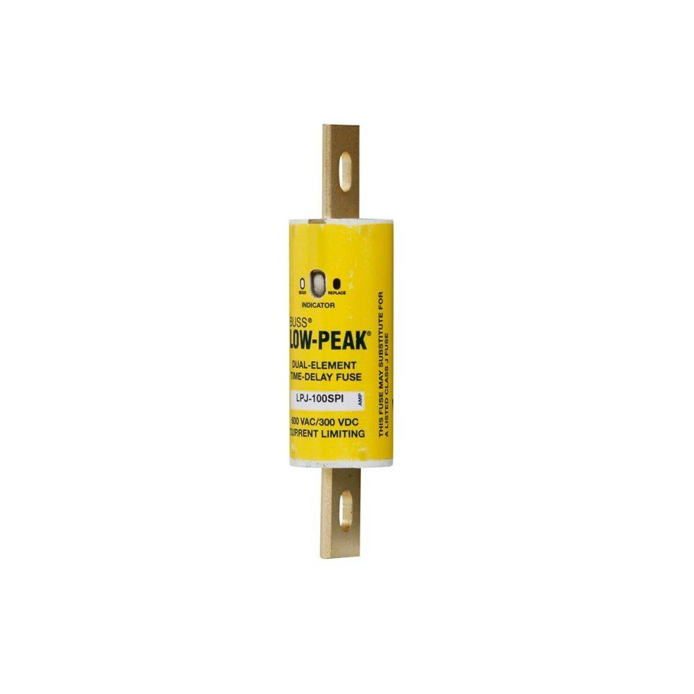 Eine gelbe Sicherung mit der Bezeichnung 'BUSS LOW-PEAK DUAL-ELEMENT TIME-DELAY FUSE', bemessen mit 100A, 600V AC, 300V DC, strombegren­zend.