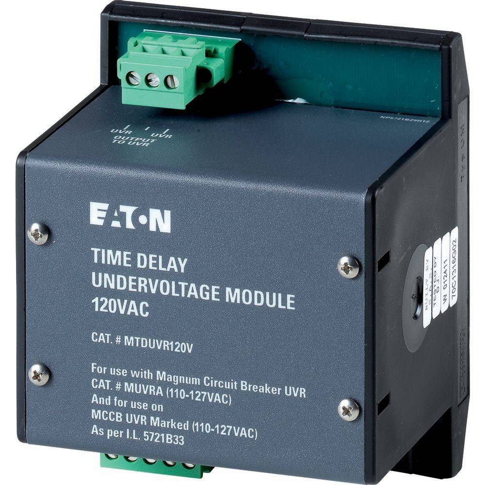 Das 'EATON Zeitverzögerungsunterspannungsmodul 120VAC' ist ein schwarzes, kastenförmiges Gerät mit Modell- und Nutzungsinformationen, die auf der Vorderseite gedruckt sind.