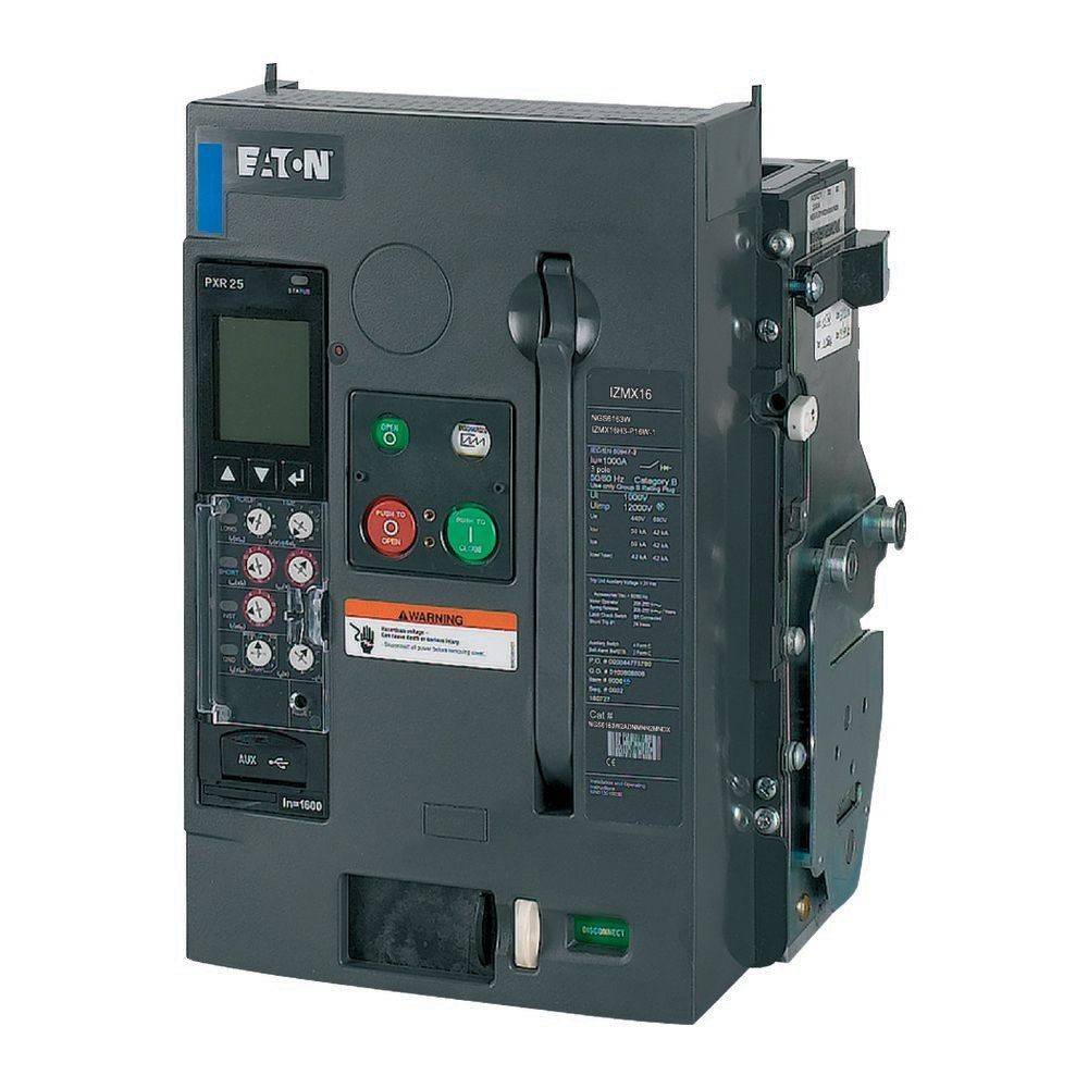 Ein grauer Eaton-Elektronikgerät mit Tasten, einem Bildschirm und Beschriftungen. Es scheint eine elektrische Steuerungs- oder Schaltanlage zu sein.