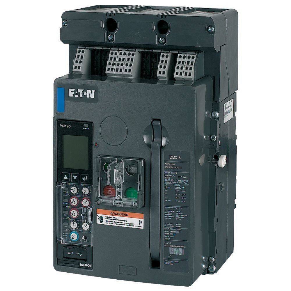 Industrieller Leistungsschalter von Eaton mit Bedienfeld, digitaler Anzeige und verschiedenen Schaltern, verwendet für elektrische Sicherheit.