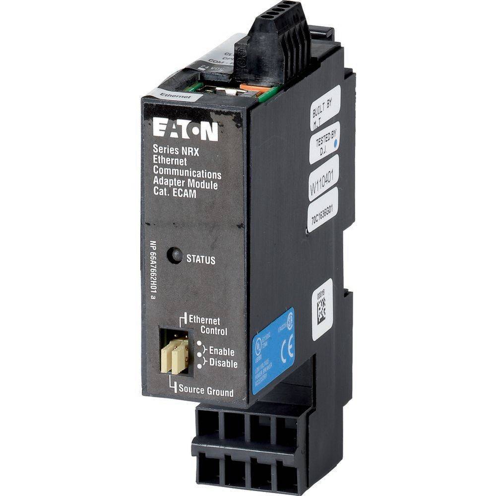 Eaton Series NRX Ethernet-Kommunikationsadapter-Modul, Kat. ECAM, mit Statusanzeigen und Ethernet-Steuerungseinstellungen.