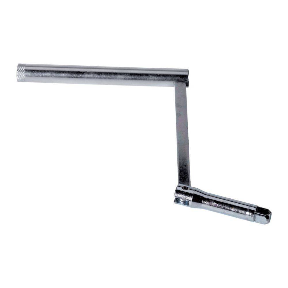 Eine Metallkurbel mit einem strukturierten Griff und einem rotierenden Arm, die zur manuellen Betätigung oder Einstellung mechanischer Geräte verwendet wird.