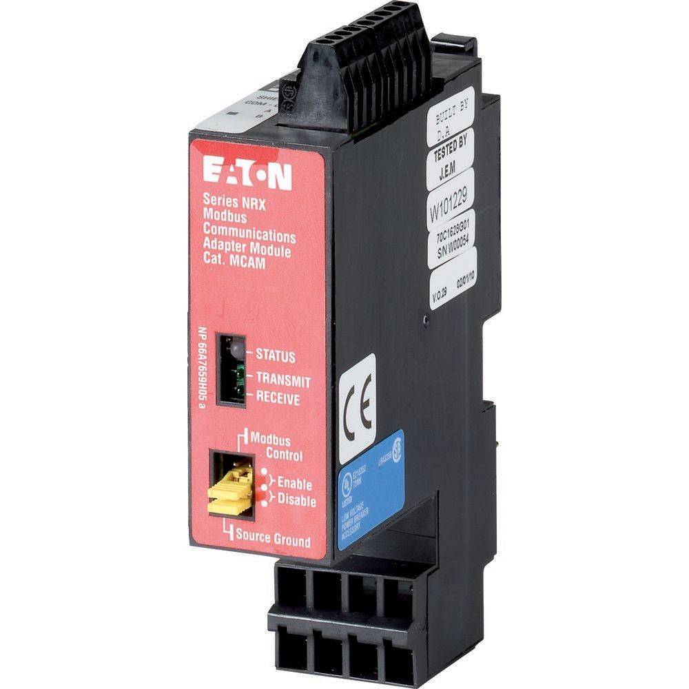 Eaton Serie NRX Modbus Kommunikationsadapter-Modul zeigt Status-LEDs für Senden, Empfangen, mit Anschlüssen für Steuerung und Aktivierung.