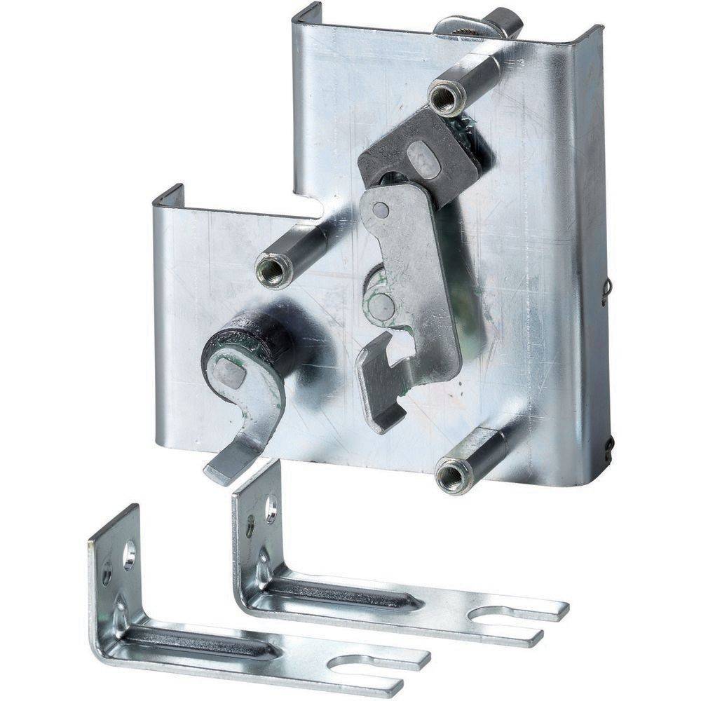 Metallhalterung mit mehreren Haken und Hebeln, möglicherweise eine mechanische Komponente oder Teil eines Bausatzes. Enthält zwei separate flache Metallstücke.