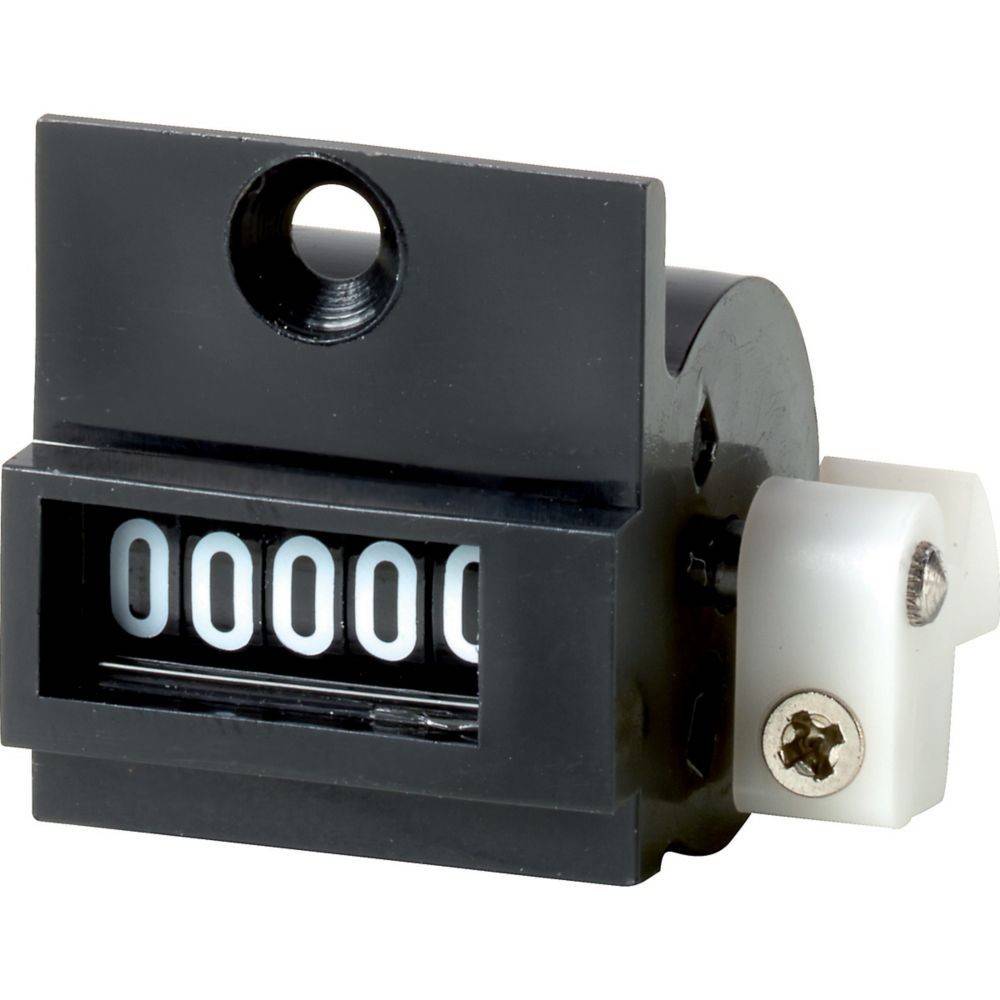 Ein schwarzer mechanischer Zähler mit weißen Ziffern zeigt '00000'. Er hat eine Befestigungsöffnung oben und ein weißes Einstellrad an der Seite.