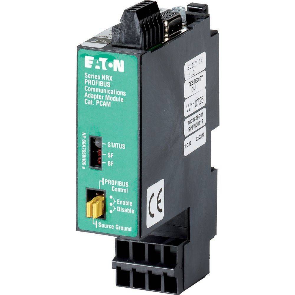 Serie NRX PROFIBUS Kommunikationsadapter-Modul, Kat. PCAM mit Statusanzeigen, PROFIBUS-Steuerungsschalter und Anschlussports.