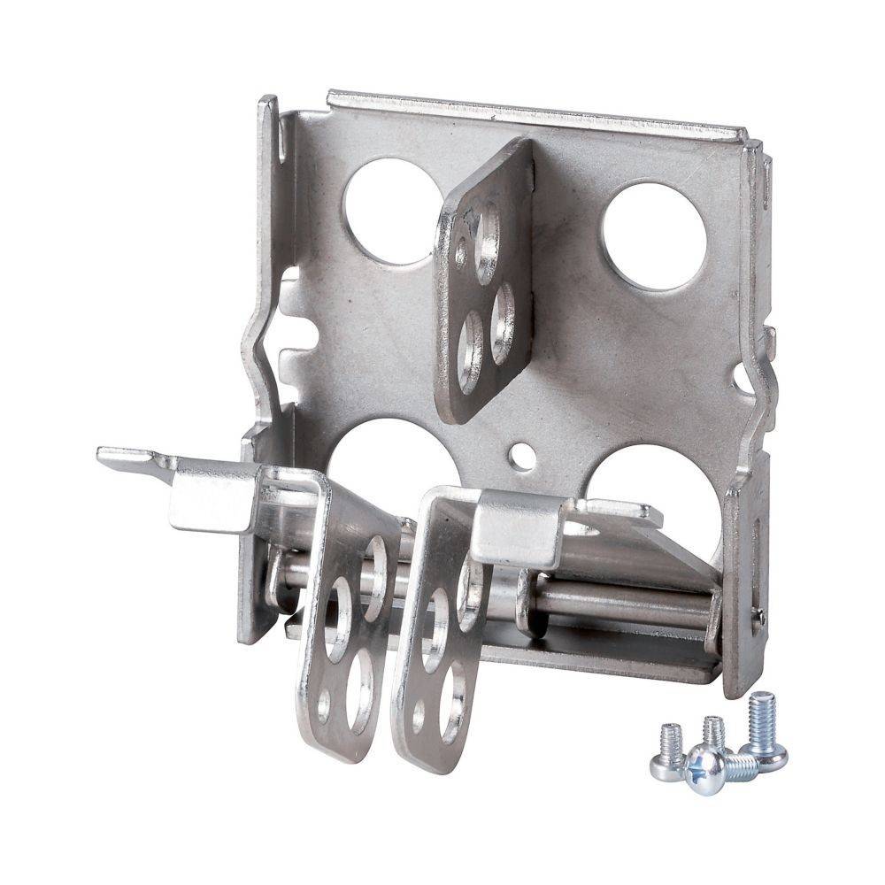 Ein Metallbeschlag-Verbinder mit mehreren Löchern und Scharnieren, versehen mit kleinen Schrauben. Verwendet für strukturelle Montage oder Unterstützung.
