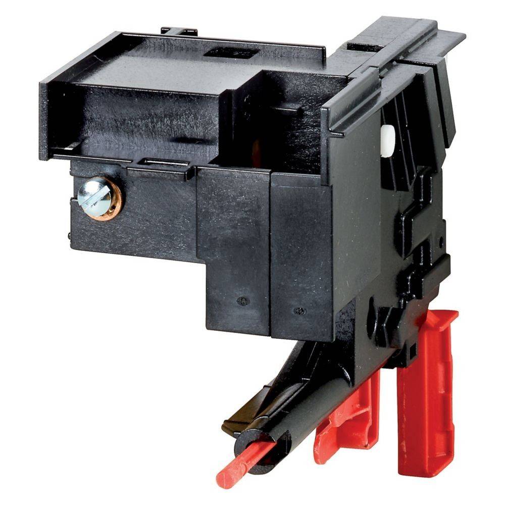 Eine Nahaufnahme einer schwarzen und roten elektrischen Komponente mit einer Schraube und sichtbarem Mechanismus, höchstwahrscheinlich ein Sicherungsautomat oder Schalter.