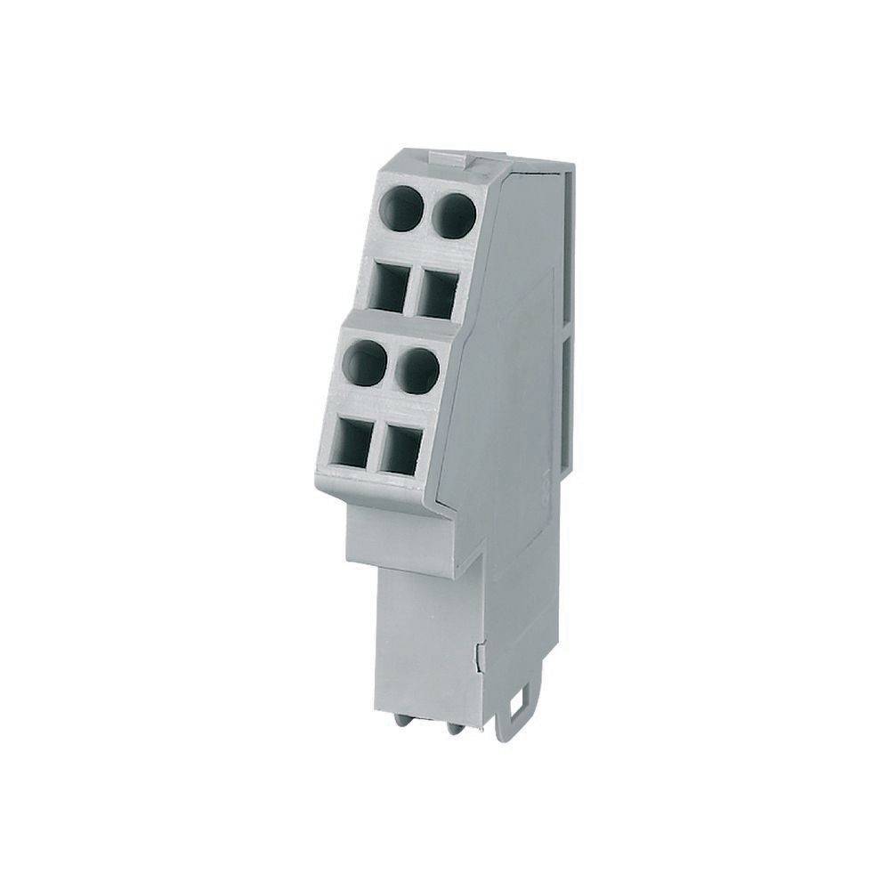 Ein grauer Klemmblock mit vier Anschlusspunkten, der zur Befestigung und Organisation von elektrischen Leitungen in Schaltschränken verwendet wird.