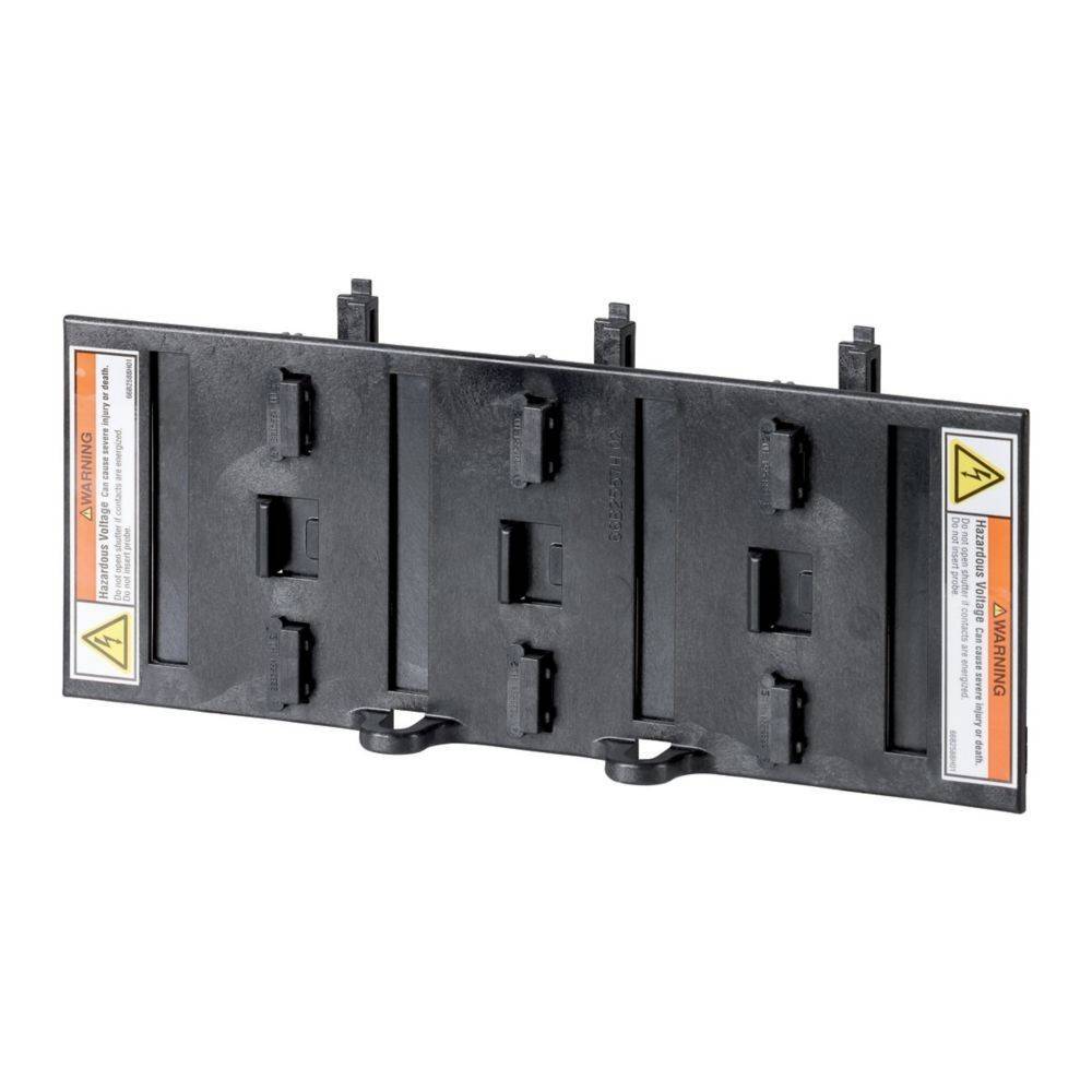 Eine rechteckige schwarze Sicherheitsabdeckung für elektrische Komponenten mit Warnhinweisen und Vorsichtssymbolen an beiden Enden.