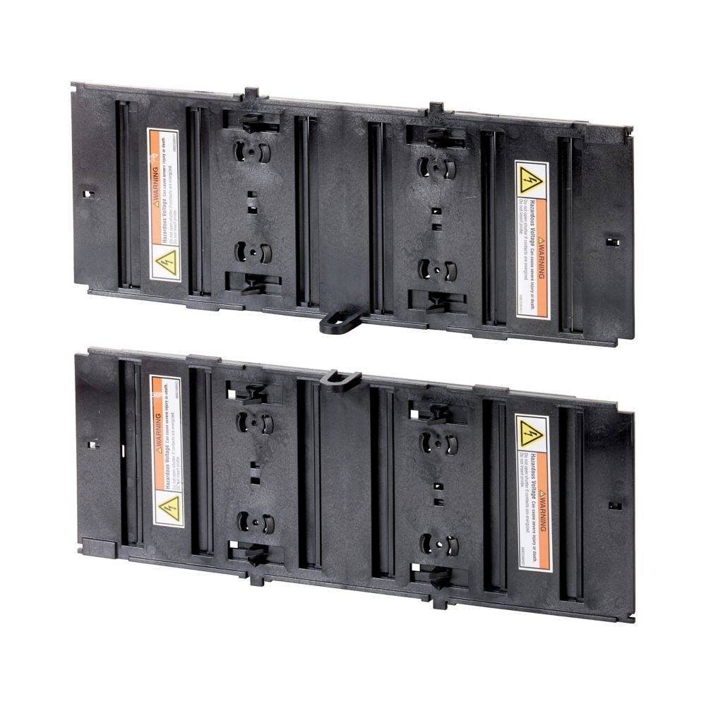 Zwei schwarze Hardware-Montgeschienen mit Warnhinweisen und Befestigungspunkten für die Rack-Installation.