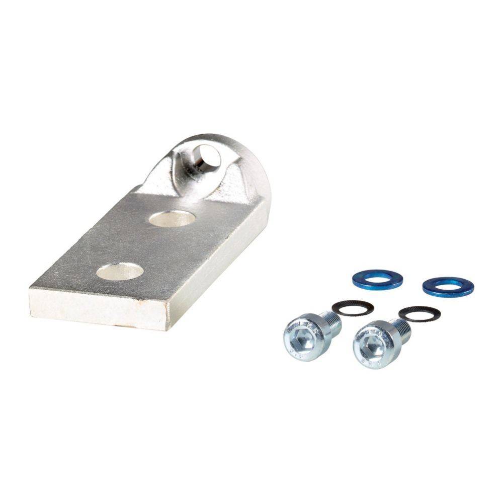 Metallhalterung mit Löchern zur Montage, gezeigt mit zwei Schrauben und Unterlegscheiben.