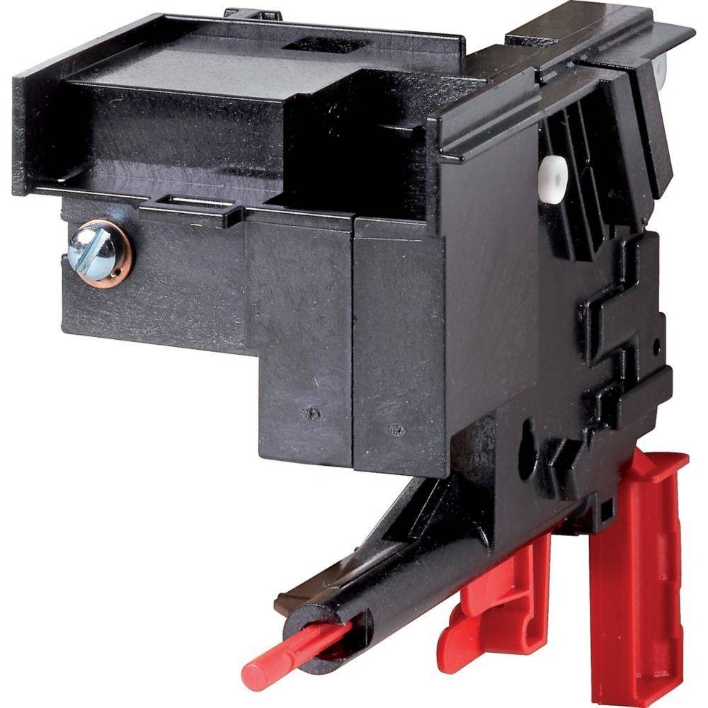 Ein schwarzer Plastikhebelschalter mit roten Auslöserzungen und einer Metallschraube, der üblicherweise in elektrischen oder mechanischen Geräten zur Aktivierung verwendet wird.
