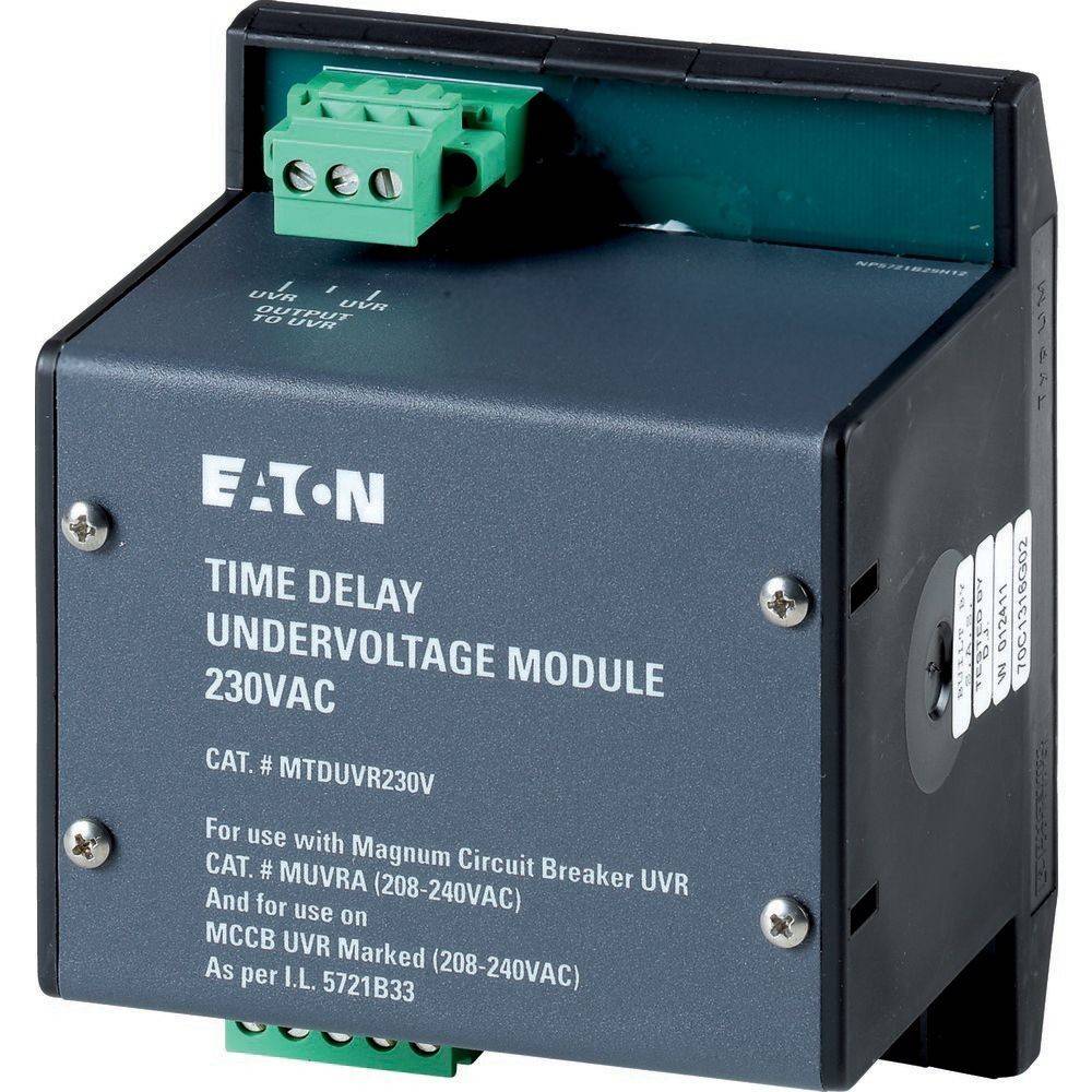 Ein Zeitverzögerungs-Unterspannungsmodul von Eaton für 230-VAC-Systeme, verwendet mit Magnum-Leistungsschalter UVR, Modell MTDUVR230V.