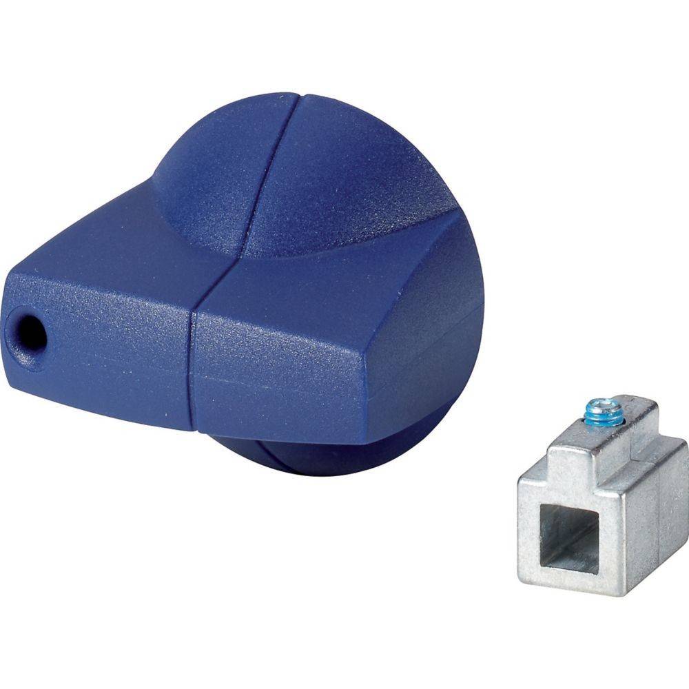 Blauer Kunststoffknopf mit einer runden, segmentierten Gestaltung neben einer kleinen Metallhalterung in Form eines Quadrats mit einer blauen Schraube an der Oberseite.