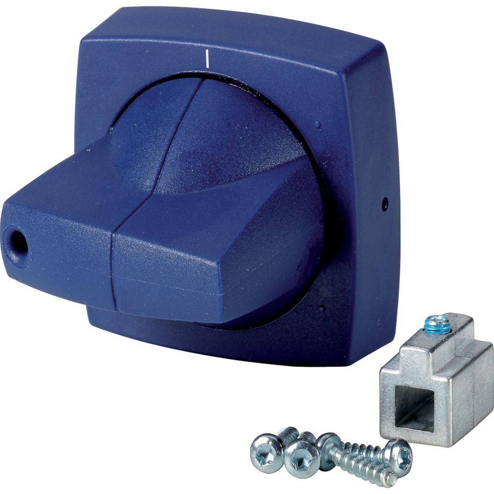 Ein dunkelblauer Drehschalter mit Knopf, versehen mit einem Metallhalterung und Schrauben, geeignet für Kontrollpanels oder elektronische Geräte.