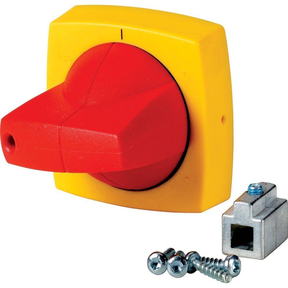 Roter und gelber elektrischer Schalter mit einer quadratischen gelben Basis, rotem Hebel und drei Schrauben in der Nähe.