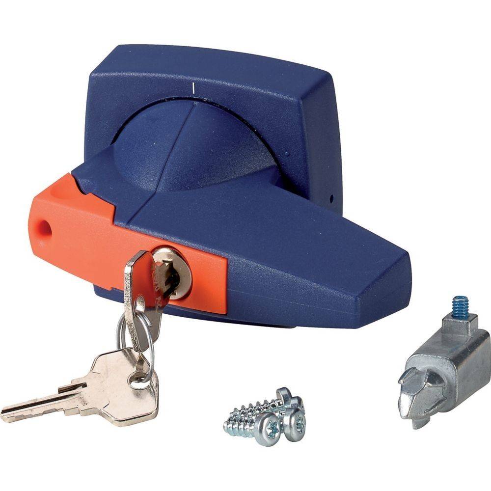 Ein blau-oranger T-Griff-Verschluss mit einem eingelegten Schlüssel, begleitet von zwei Metallschrauben und einer Metalllaschenkomponente, verwendet zum Sichern von Gegenständen.