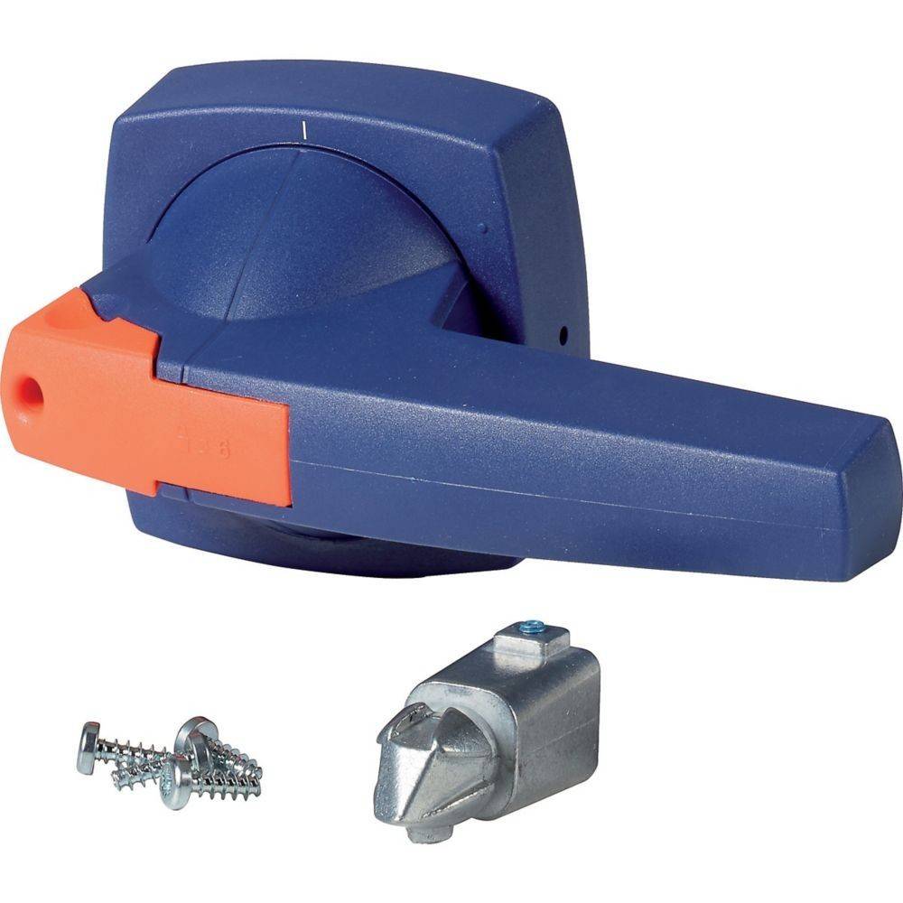 Ein blau-orangener Kunststoff-Hebel mit zugehöriger Metallbefestigungshardware und Schrauben, der zur Sicherung von Ausrüstung oder Gehäusen verwendet wird.