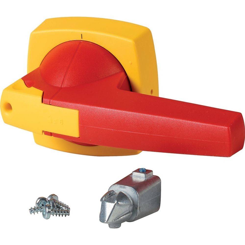 Roter und gelber Schaltergriff mit Schrauben und Metallkomponente darunter.