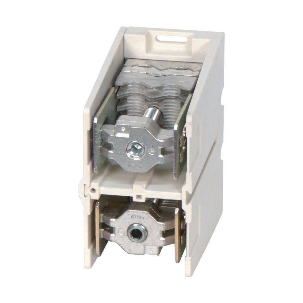 Eine mechanische Vorrichtung, die einem schaltbaren Sicherungshalter ähnelt, mit freiliegenden Metallkontakten und einem Kunststoffgehäuse, die für elektrische Anwendungen verwendet wird.