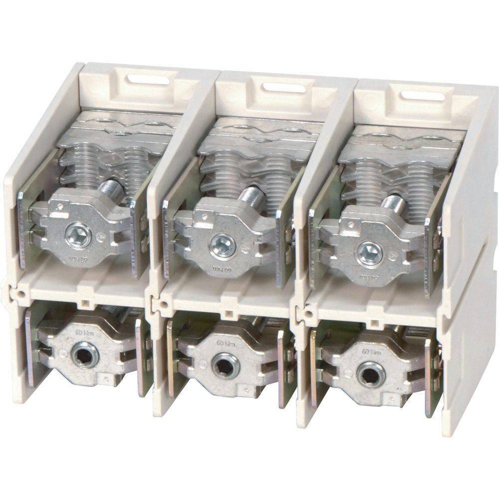 Sechs NH-Sicherungshalter mit montierten Sicherungen in einem modularen, cremefarbenen Gehäuse.