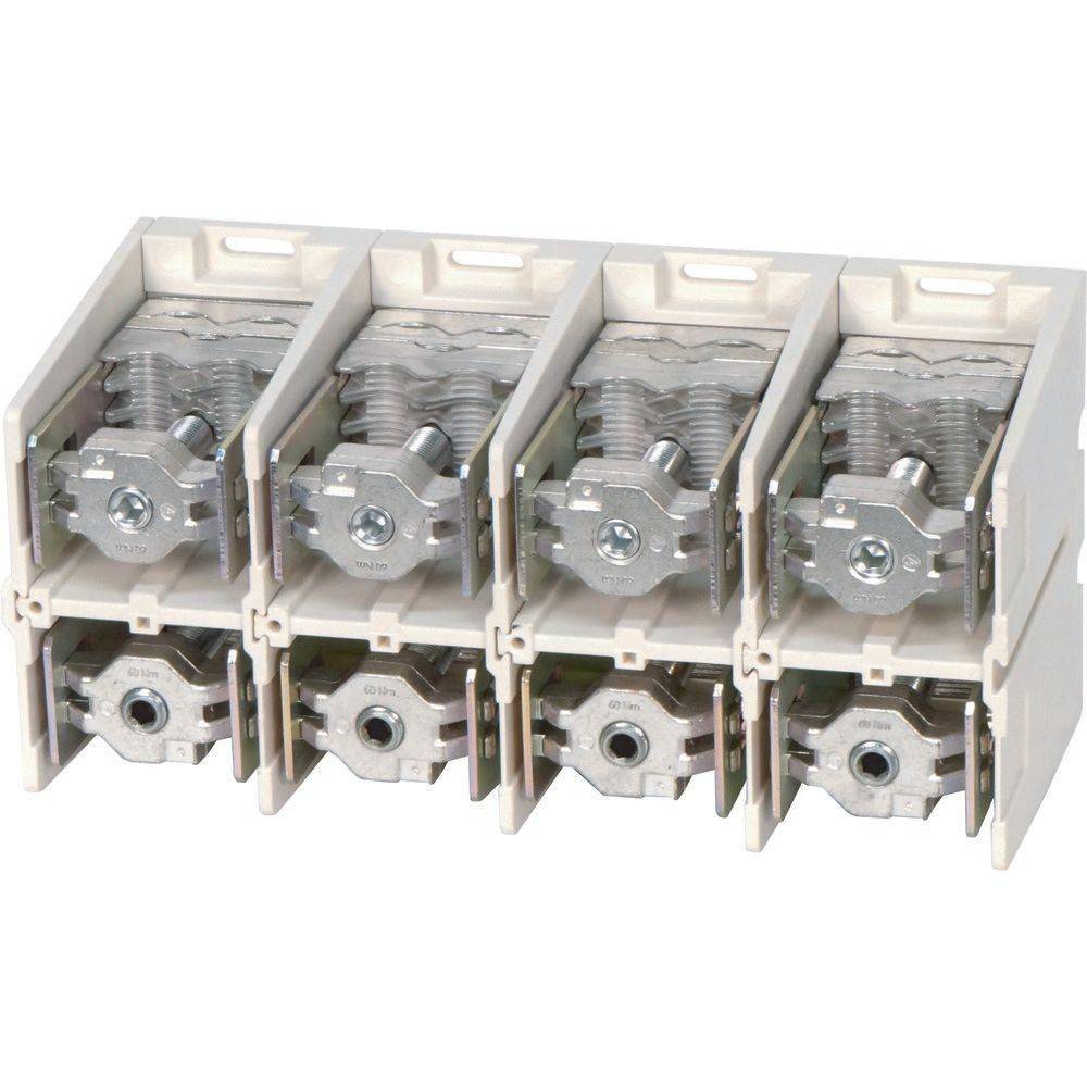 Vier identische beige und metallene elektrische Schaltanlagenkomponenten in einer Reihe angeordnet, wobei jede eine zentrale rotierende Mechanik aufweist.