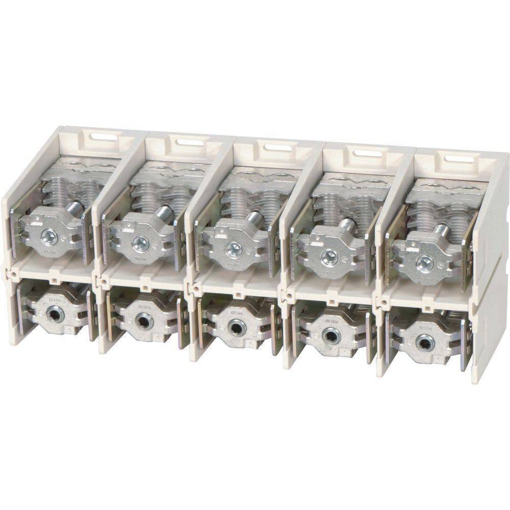 Eine Reihe von beigen modularen Sicherungshaltern, die jeweils eine Metallschraube und einen kreisförmigen Kontakt aufweisen und nebeneinander für elektrische Verbindungen angeordnet sind.