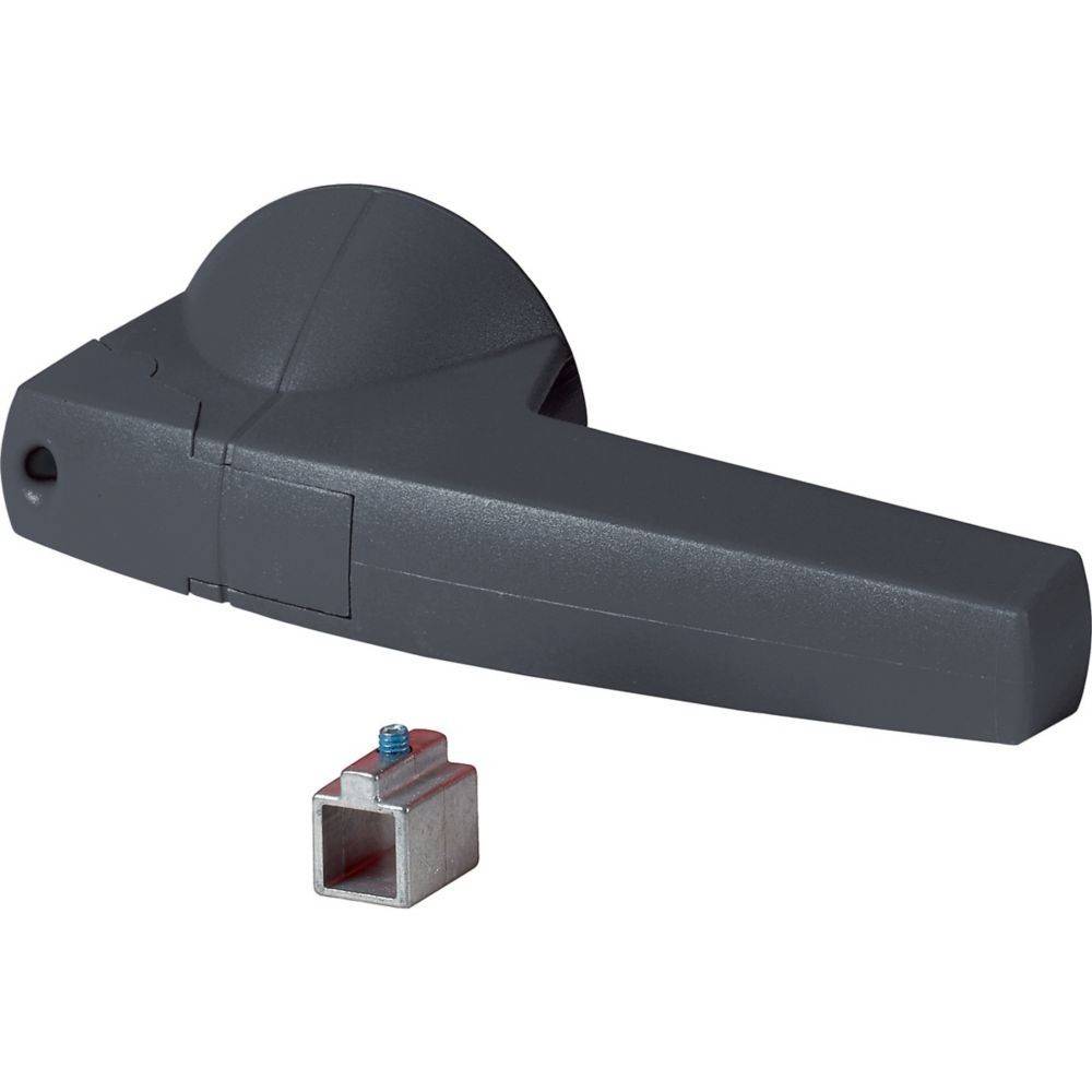 Eine graue L-förmige Hebelgriff mit einem quadratischen Aluminiumadapter, der einen kleinen blauen Bolzen aufweist, wird typischerweise für Fenster- oder Türmechanismen verwendet.