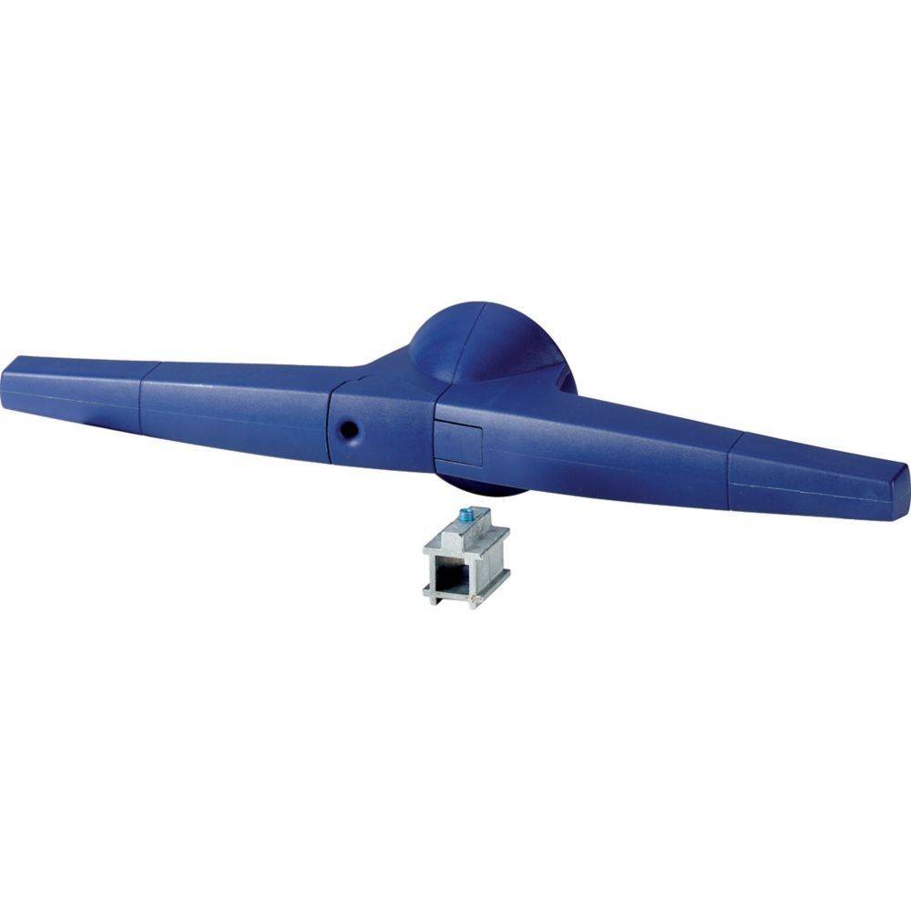 Ein blauer aerodynamischer Apparat mit zwei länglichen Armen und einem zentralen Körper, montiert auf einer Metallbasis, scheint ein Modell oder Prototyp zu sein.
