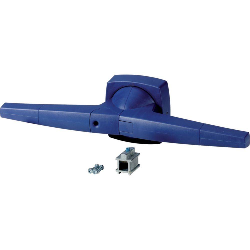 Eine blaue Schrankenanlage mit Montagezubehör, einschließlich Schrauben und einem Metallbracket, die typischerweise zur Kontrolle des Fahrzeugzugangs verwendet wird.