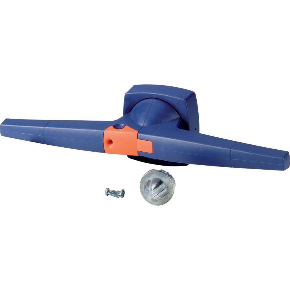 Ein blau-orangefarbener T-Griff mit einem Verschließmechanismus, begleitet von einer Metallkugel und einer Schraube, verwendet zum Sichern oder Justieren von Geräten.