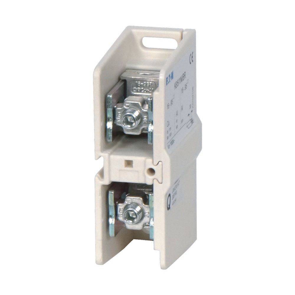 Ein beiger elektrischer Anschlussblock mit Metallkontakten. Er verfügt über zwei Schrauben zum Befestigen von Drähten und ist vertikal montiert mit Beschriftung.