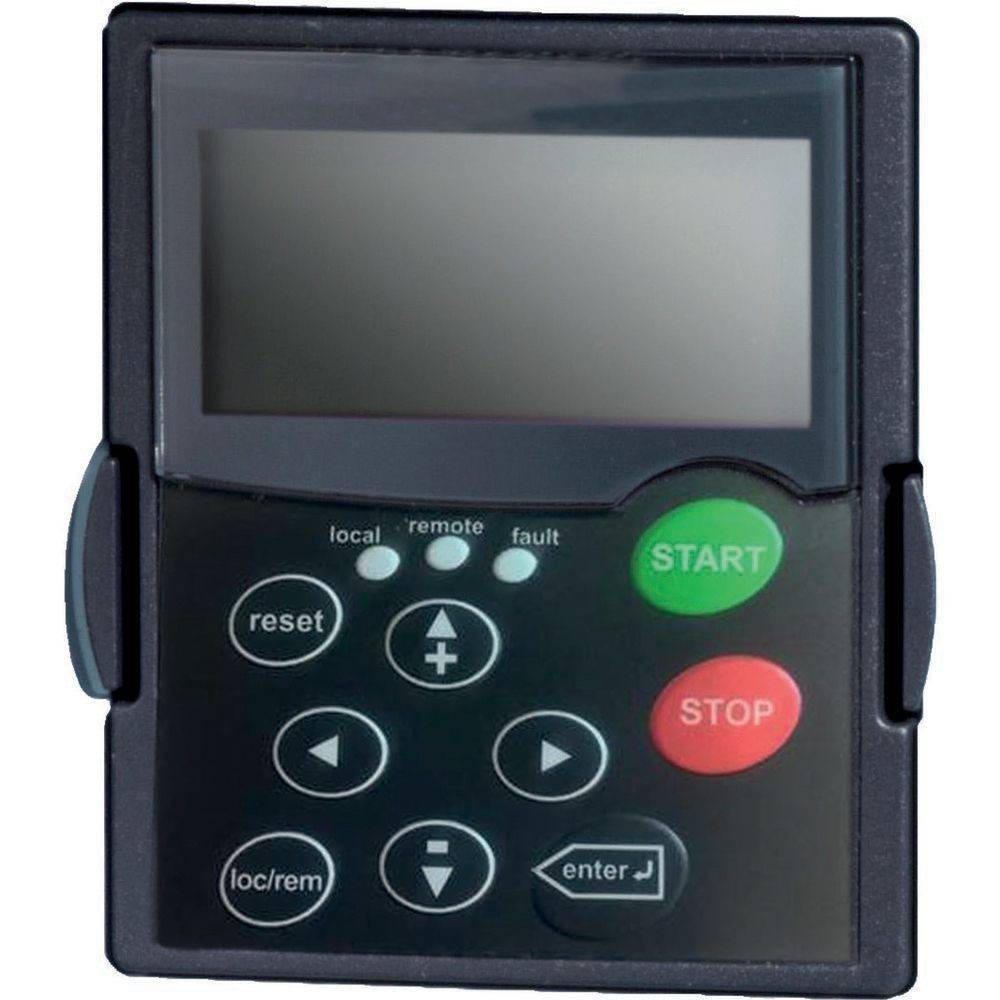 Eine kleine elektronische Steuerungstafel mit Anzeigebildschirm, großen 'Start'- und 'Stop'-Tasten, numerischer Tastatur und Funktionstasten.