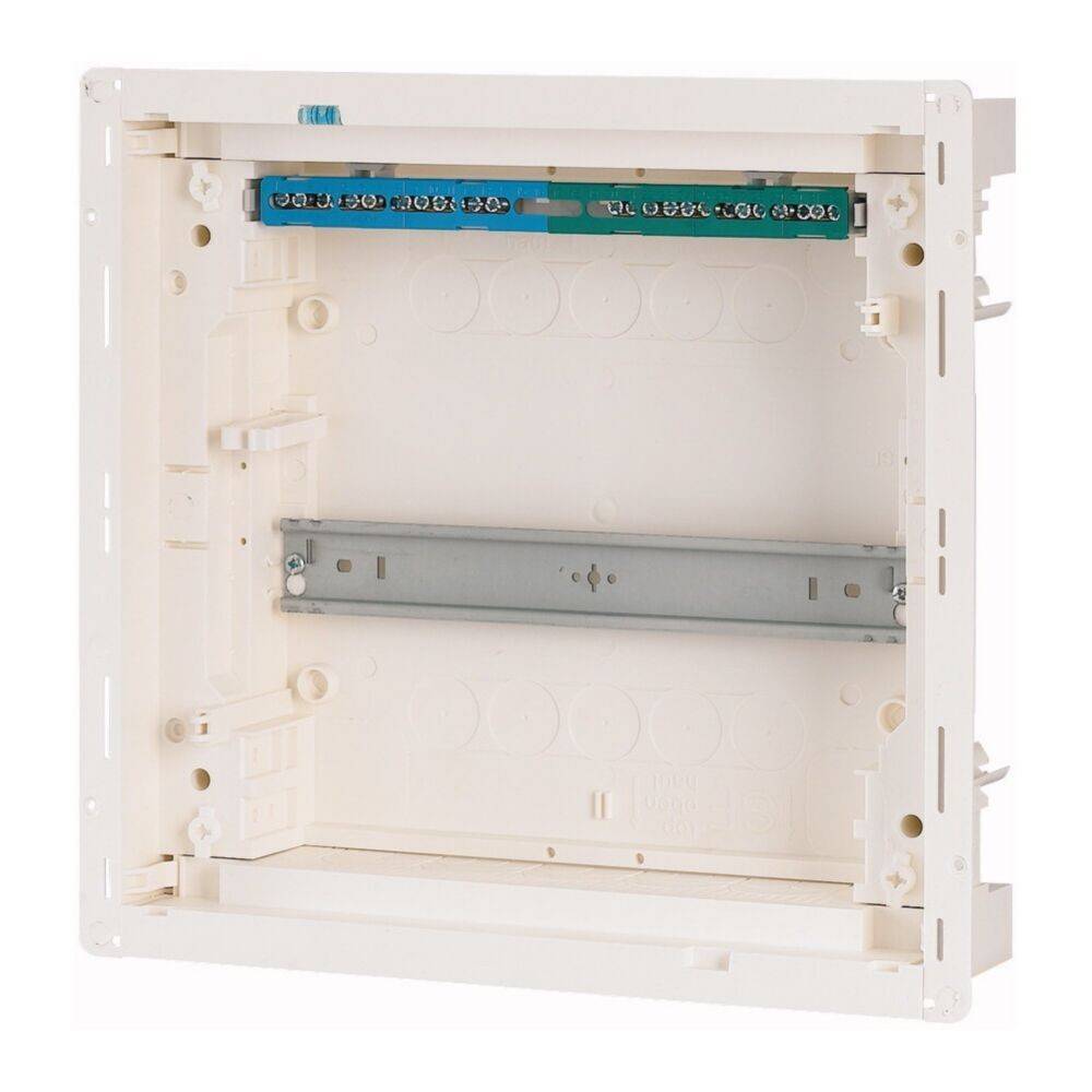 Eine leere beige Elektroverteilerdose mit einer Metallschiene im Inneren, konzipiert zur Aufnahme von Sicherungsautomaten und elektrischen Anschlusskomponenten.