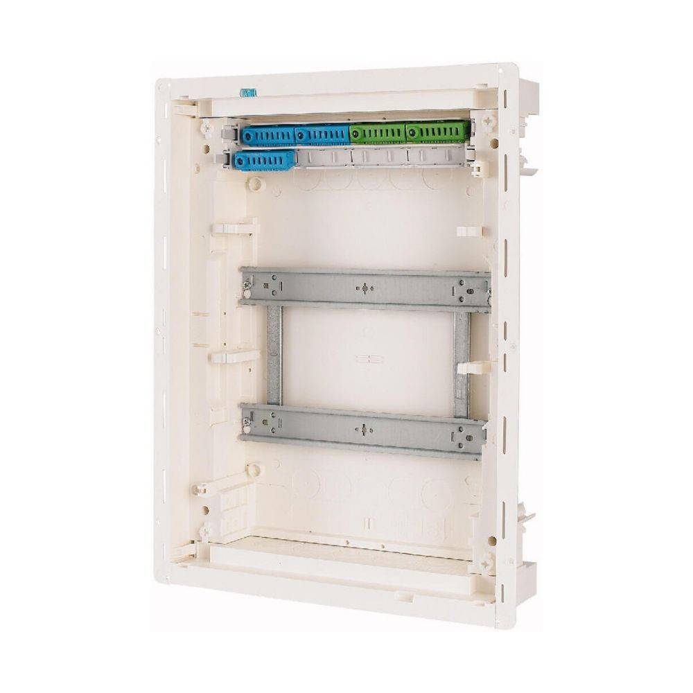 Eine leere weiße modulare Verteilerdose mit sichtbaren Schlitzen und Befestigungsbereichen, konzipiert für elektrische oder Netzwerkinstallationen.