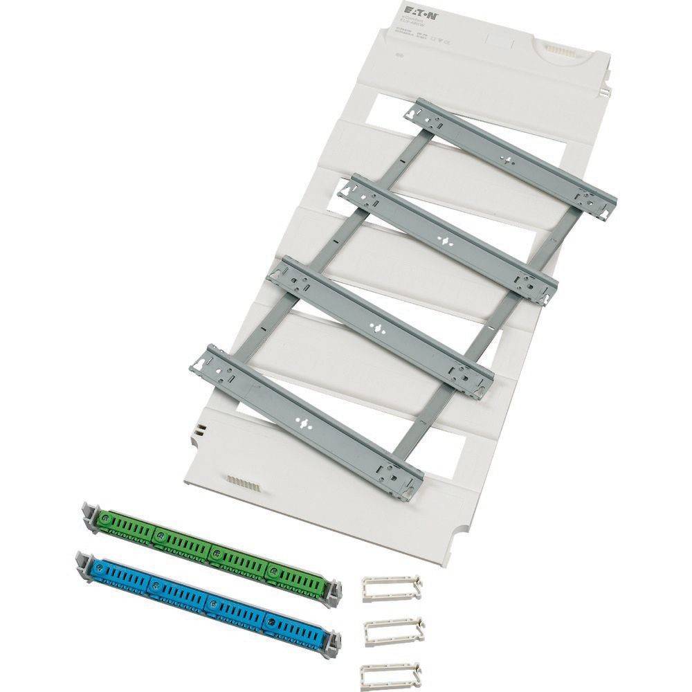 Eaton-Befestigungssatz in Weiß mit Metallstreifen und zwei farbigen Klemmenblöcken, verwendet für die Installation von elektrischen Komponenten.