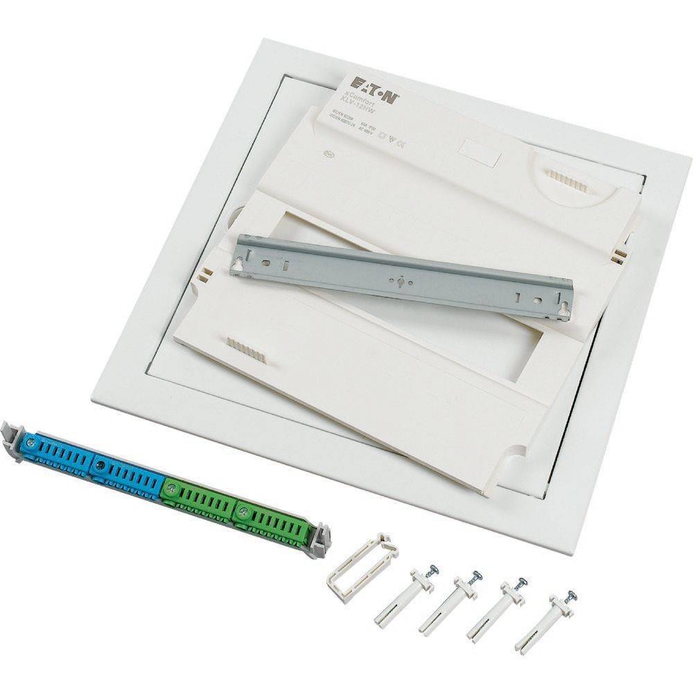 Eaton 3G-Gitter mit Abdeckung, Rückrahmen und Schrauben, dargestellt zur Installationsverdeutlichung.